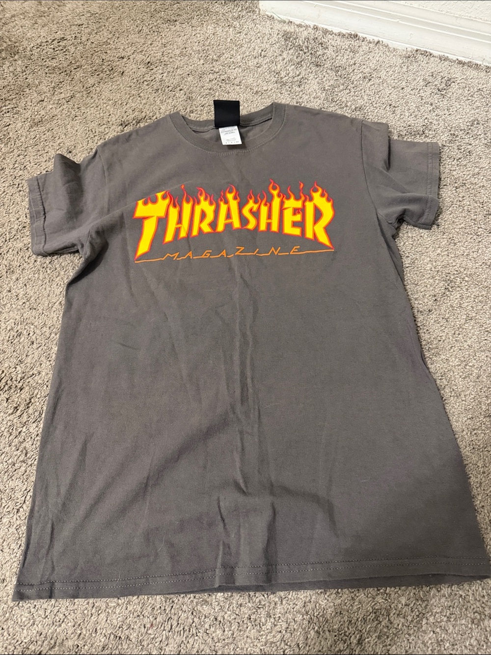 Thrasher Gray Tee with Yellow & Red Flame Logo